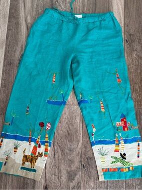 Women’s Chicos Design Teal Embroidered Beach-Print Wide Leg Pants XL